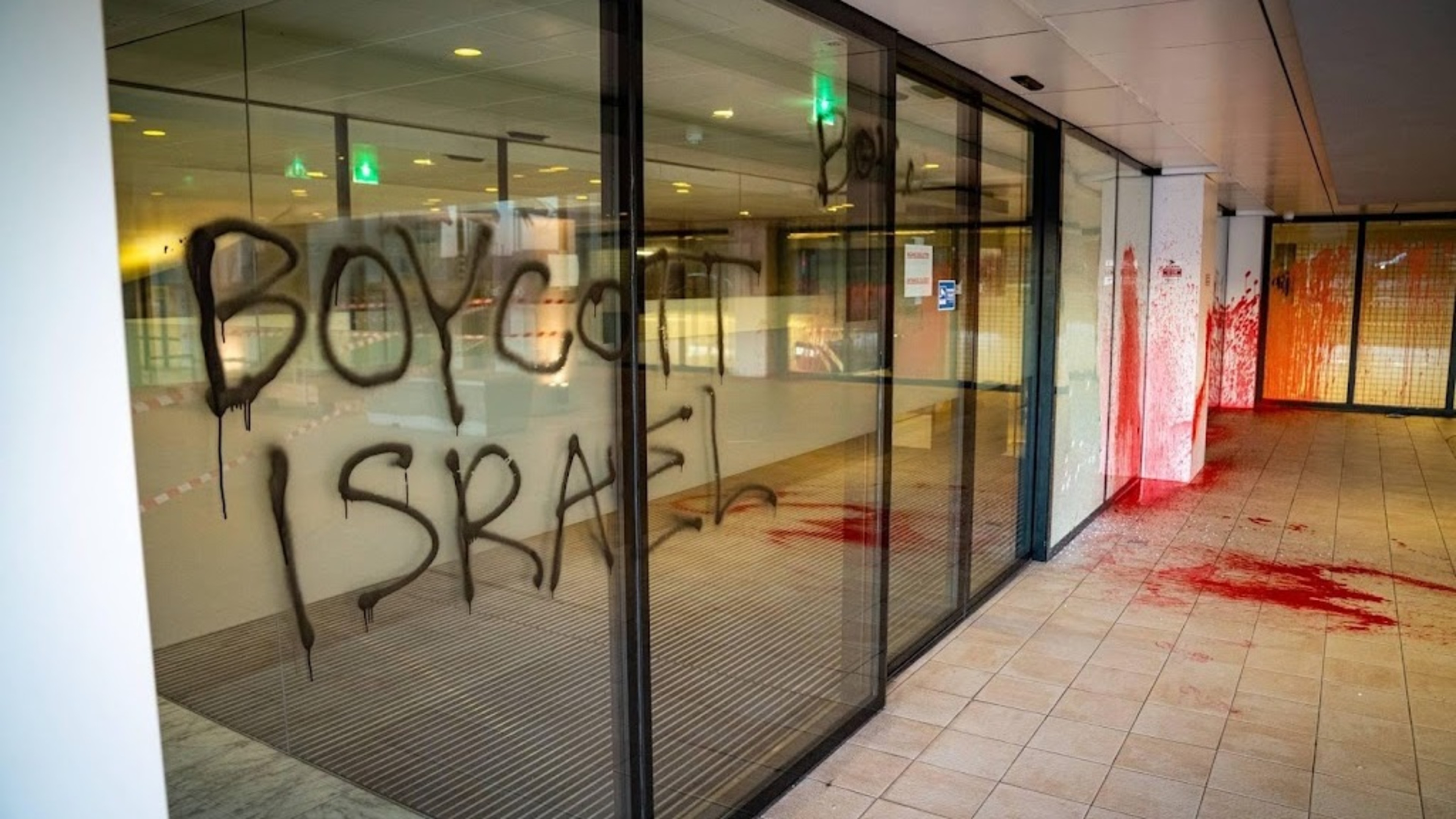 Entrance of shipping company Maersk's Rotterdam office defaced and vandalized